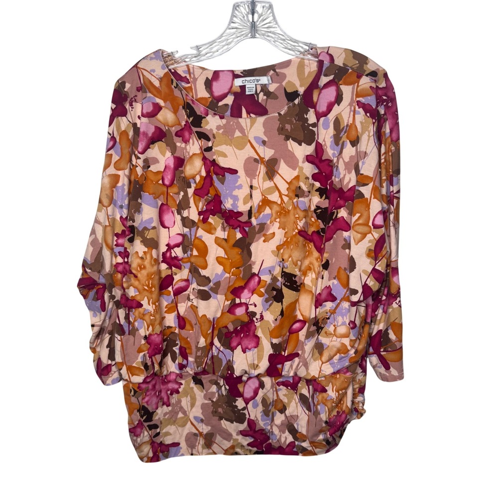 Chicos Floral Abstract Print Banded Hem Blouse Pink Orange Size 3 US XL